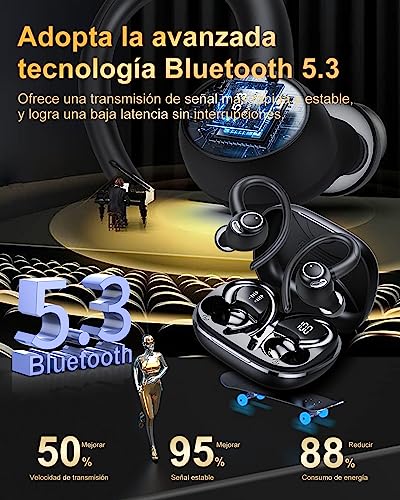 Jesebang Auriculares Inalámbricos Deportivos, Auriculares Bluetooth 5.3 con HD Micrófono, Sonido Premium, 40H de Reproducción, Pantalla LED, Cómodos de Llevar, Cascos Inalambricos con Gancho, Negro