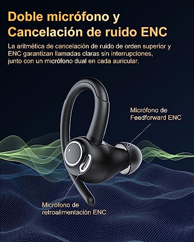 Jesebang Auriculares Inalámbricos Deportivos, Auriculares Bluetooth 5.3 con HD Micrófono, Sonido Premium, 40H de Reproducción, Pantalla LED, Cómodos de Llevar, Cascos Inalambricos con Gancho, Negro