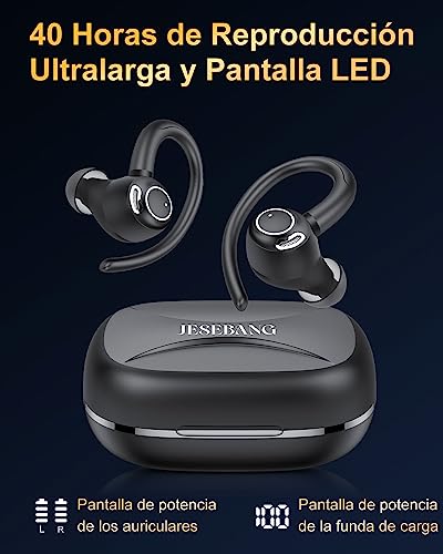 Jesebang Auriculares Inalámbricos Deportivos, Auriculares Bluetooth 5.3 con HD Micrófono, Sonido Premium, 40H de Reproducción, Pantalla LED, Cómodos de Llevar, Cascos Inalambricos con Gancho, Negro