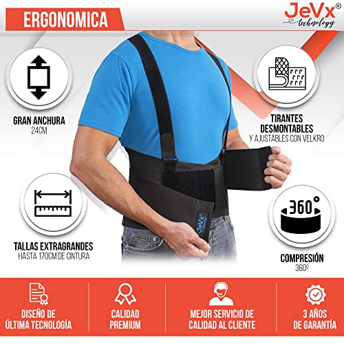 JEVX Faja Lumbar para Hombre y Mujer para Trabajo con Tirantes Reforzada y Doble Cierre – Talla XL con Soporte Almohadilla Acolchada y 4 Bandas de Refuerzo Lumbares Incluye Bolsa de Transporte XL