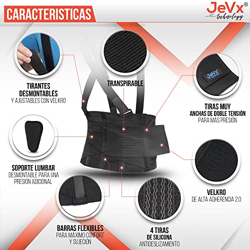 JEVX Faja Lumbar para Hombre y Mujer para Trabajo con Tirantes Reforzada y Doble Cierre – Talla XL con Soporte Almohadilla Acolchada y 4 Bandas de Refuerzo Lumbares Incluye Bolsa de Transporte XL