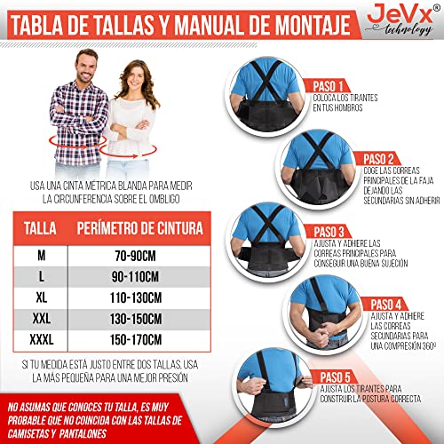 JEVX Faja Lumbar para Hombre y Mujer para Trabajo con Tirantes Reforzada y Doble Cierre – Talla XL con Soporte Almohadilla Acolchada y 4 Bandas de Refuerzo Lumbares Incluye Bolsa de Transporte XL