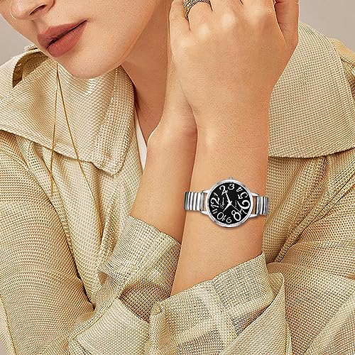 JewelryWe Reloj con Correa Elástica, Reloj de Moda para Mujer, Reloj Redondo Analógico de Cuarzo, Escala con Números Arábigos, Correa Extraíble, Números Grandes Fáciles de Leer