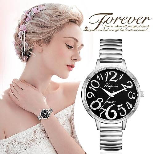 JewelryWe Reloj con Correa Elástica, Reloj de Moda para Mujer, Reloj Redondo Analógico de Cuarzo, Escala con Números Arábigos, Correa Extraíble, Números Grandes Fáciles de Leer