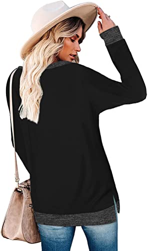 JFAN Mujeres Cuello Redondo Jerséis Manga Larga Casual División Lateral Sayo Otoño Blusas Tops Sueltos Camisetas,Negro L