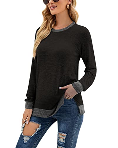 JFAN Mujeres Cuello Redondo Jerséis Manga Larga Casual División Lateral Sayo Otoño Blusas Tops Sueltos Camisetas,Negro L