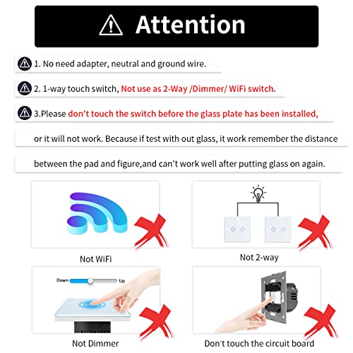 JIMEIDA Pack de 2 interruptores de luz táctil en negro, interruptor de montaje con panel de cristal y LED de estado, no requiere cable neutro, interruptor