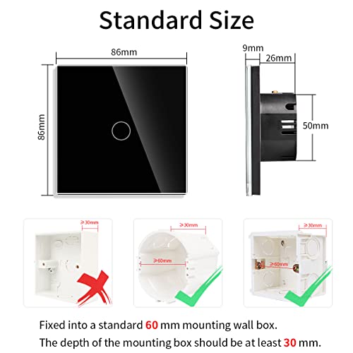 JIMEIDA Pack de 2 interruptores de luz táctil en negro, interruptor de montaje con panel de cristal y LED de estado, no requiere cable neutro, interruptor