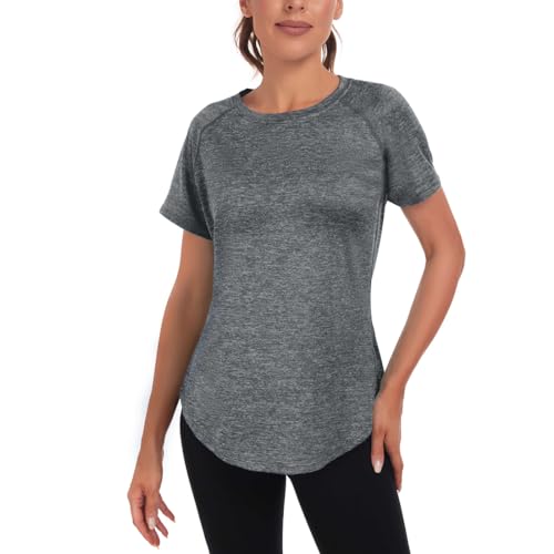 Jlowesun Camiseta de Entrenamiento de Malla para Mujer, Transpirable, de Manga Corta, Ligera, Funcional, con Cuello Redondo, Camiseta para Mujer, Adecuada para Fitness, Correr, Yoga