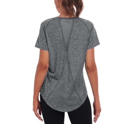 Jlowesun Camiseta de Entrenamiento de Malla para Mujer, Transpirable, de Manga Corta, Ligera, Funcional, con Cuello Redondo, Camiseta para Mujer, Adecuada para Fitness, Correr, Yoga