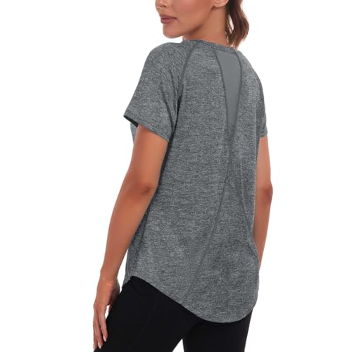 Jlowesun Camiseta de Entrenamiento de Malla para Mujer, Transpirable, de Manga Corta, Ligera, Funcional, con Cuello Redondo, Camiseta para Mujer, Adecuada para Fitness, Correr, Yoga