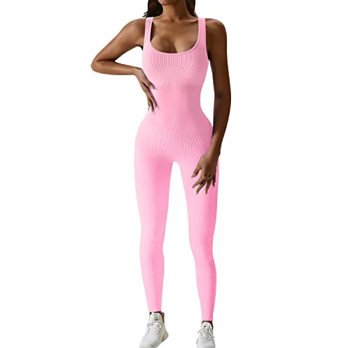 JN JANPRINT Conjunto de ropa de fitness para mujer, traje de yoga, sin costuras, pantalones de cintura alta, sujetador deportivo acanalado, conjunto de ropa deportiva, Rosa., S