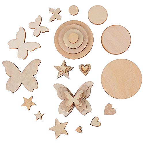 JNCH 200 Piezas Adornos de Madera - Estrella de Madera Corazón de Madera Mariposa de Madera Rebanadas de Madera 4 Formas 50pcs / Forma para Manualidades DIY Adornos Scrapbooking Decoración Boda