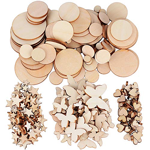 JNCH 200 Piezas Adornos de Madera - Estrella de Madera Corazón de Madera Mariposa de Madera Rebanadas de Madera 4 Formas 50pcs / Forma para Manualidades DIY Adornos Scrapbooking Decoración Boda