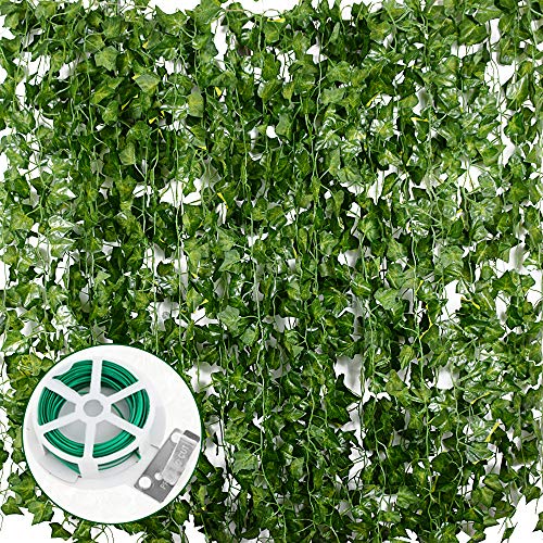 JNCH Planta Hiedra Artificial (24pcs*2m), Hojas de Vid, Guirnalda Enredadera para Decoración de Hogar, Escalera, Ventana, Balcón, Valla y Jardín Interior Exterior, Kit 20m Lazo de Torcedura