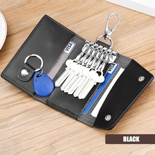 JNNJ Estuche para Llaves de Coche con Ganchos, Estuche de Cuero Genuino para Llaves, Estuche para Tarjetas Llavero Multifunción para Coche, Orgnizador Llaves de Coche para Hombre y Mujer(Negro)