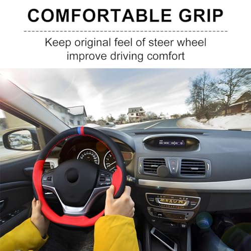 JNNJ Funda Volante Coche, Cubierta De Volante De Cuero De Microfibra, Cubre Volante Sport Antideslizante Transpirable, Funda Volantes Coche Universal para Todos Los Volantes Estándar(Rojo)