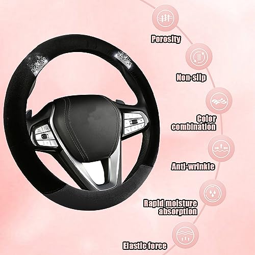 JNNJ Funda Volante Coche, Cubre Volante Transpirable Universal, Cubierta Volante Coche Diamantes Cristal, Cubre Volante con Orejas De Dibujos Animados, Accesorios De Decoración De Coches(Negro)