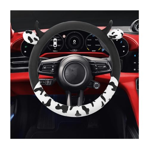 JNNJ Funda Volante Coche, Transpirable Cubierta De Volante Invierno, Cubierta del Volantes Universal Coche, Cubre Volante con Vaca Orejas De Dibujos Animados, Accesorios Decoración Coches(Negro)