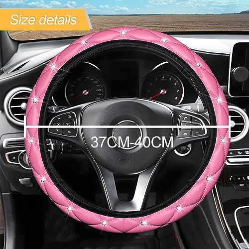 JNNJ Funda Volante Coche Universal, Funda De Volante Diamante Antideslizante Transpirable, Bling Rhinestones Protector Volante Coche Antideslizante 37-38cm Accesorios Coche Interior(Rosa)