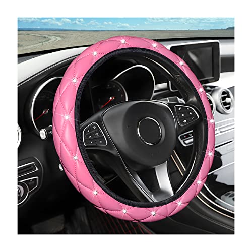 JNNJ Funda Volante Coche Universal, Funda De Volante Diamante Antideslizante Transpirable, Bling Rhinestones Protector Volante Coche Antideslizante 37-38cm Accesorios Coche Interior(Rosa)