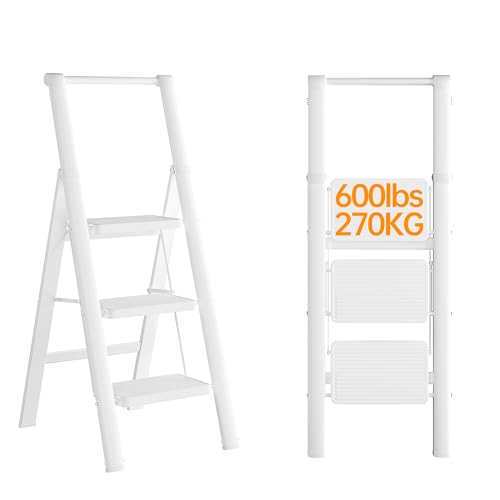 JOISCOPE Escalera Plegable de 3 peldaños, Escalera Plegable con Pasamanos, Escalera Doméstica, Peldaño Antideslizante Ensanchado, Escalera Multifuncional, Blanco