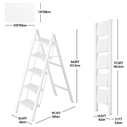 JOISCOPE Escalera Plegable de 5 peldaños, Escalera de Tijera, Alfombra de Goma Antideslizante, Escalera de Acero para el hogar y la Oficina, Blanco