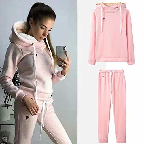 Joligiao Mujer Chandal Conjunto Invierno Moda Mujer Conjuntos Deportivos Manga Larga Hoodie Pullover con Cordón Pantalones Largo para Otoño e Invierno (Rosa,XXL)