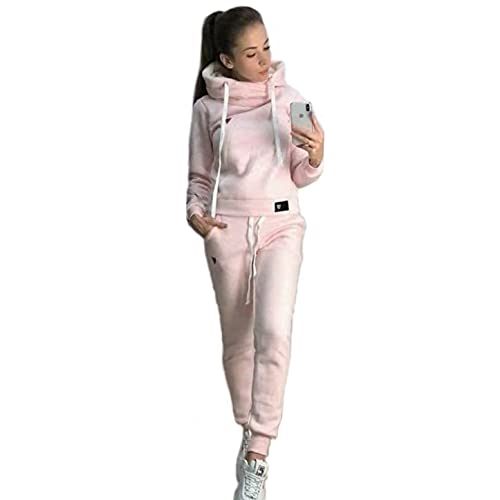 Joligiao Mujer Chandal Conjunto Invierno Moda Mujer Conjuntos Deportivos Manga Larga Hoodie Pullover con Cordón Pantalones Largo para Otoño e Invierno (Rosa,XXL)