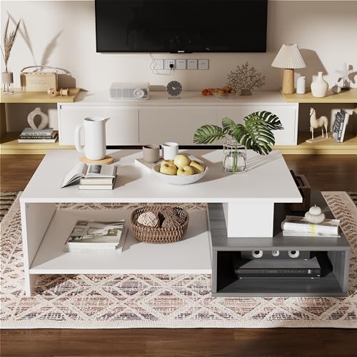 JoliJour Mesa Baja Mesa de Café Salon Mesa de Centro Rectangular para el Café/Té Mesa Auxiliar Blanca Mesita para Salon Moderna Mesa de Sofá Mesita Comedor para Sala de Estar Oficina 105x35x60cm