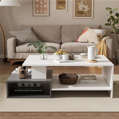 JoliJour Mesa Baja Mesa de Café Salon Mesa de Centro Rectangular para el Café/Té Mesa Auxiliar Blanca Mesita para Salon Moderna Mesa de Sofá Mesita Comedor para Sala de Estar Oficina 105x35x60cm