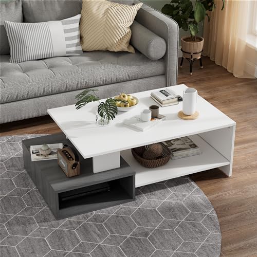 JoliJour Mesa Baja Mesa de Café Salon Mesa de Centro Rectangular para el Café/Té Mesa Auxiliar Blanca Mesita para Salon Moderna Mesa de Sofá Mesita Comedor para Sala de Estar Oficina 105x35x60cm