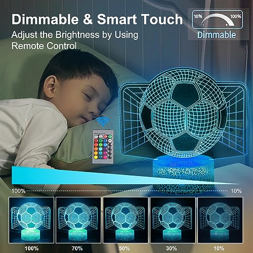 JOLLYEEP Luz Nocturna De Fútbol Para Niños, Lámpara De Ilusión 3d, Luz Led Para La Habitación, Mando a Distancia Con 16 Colores Regulables, Regalos De Decoración De Las Niñas Chicos Del Dormitorio