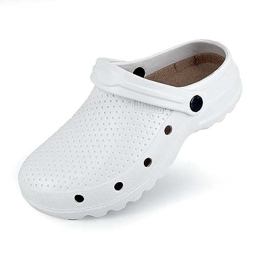 JOMIX Zuecos Sanitarios Mujer Hombre Trabajo Hospital Zapatillas Hombre Mujer Jardín Cocina Ligeros Zuecos Unisexo Hogar Goma Eva Fabricadas en Europa, Blanco, 36-37 EU