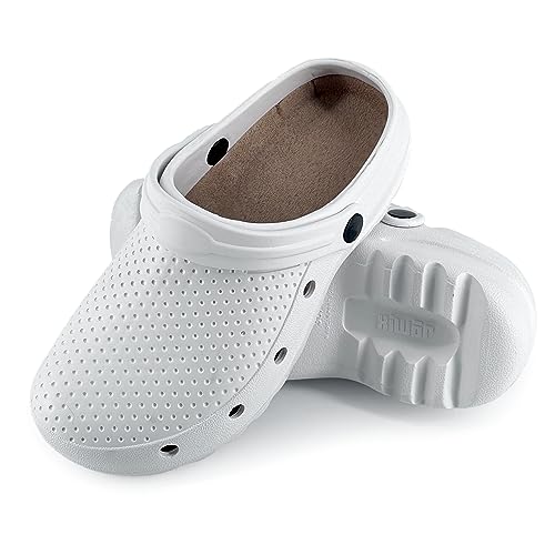 JOMIX Zuecos Sanitarios Mujer Hombre Trabajo Hospital Zapatillas Hombre Mujer Jardín Cocina Ligeros Zuecos Unisexo Hogar Goma Eva Fabricadas en Europa, Blanco, 36-37 EU