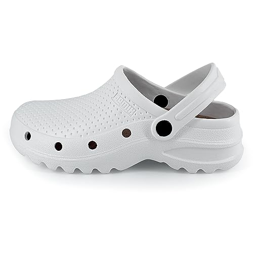 JOMIX Zuecos Sanitarios Mujer Hombre Trabajo Hospital Zapatillas Hombre Mujer Jardín Cocina Ligeros Zuecos Unisexo Hogar Goma Eva Fabricadas en Europa, Blanco, 36-37 EU