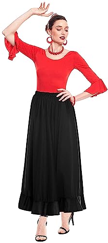 JORXG Falda Flamenco Mujer Español, Falda Ensayo Flamenco Largo Negro Rojo Volante Simple Volante Doble para Mujer Falda Baile Danza Clase Fiesta (L, Negro volante simple)