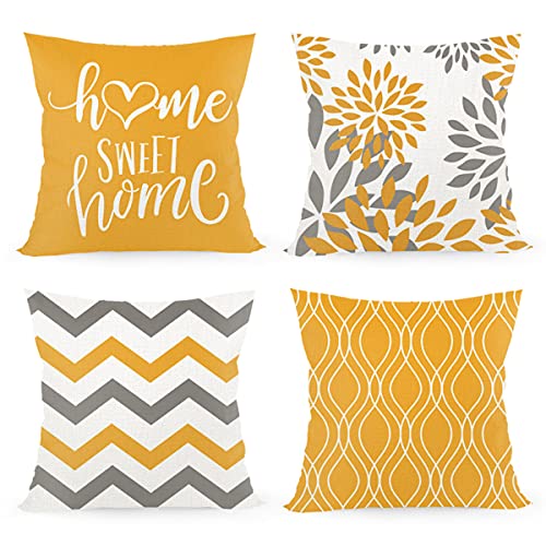 Joyshare Juego de 4 Fundas de cojín de 45 x 45 cm, con inscripción «Home Sweet Home», Funda Decorativa para sofá con Cremallera Oculta, Navidad (Naranja y Amarillo)