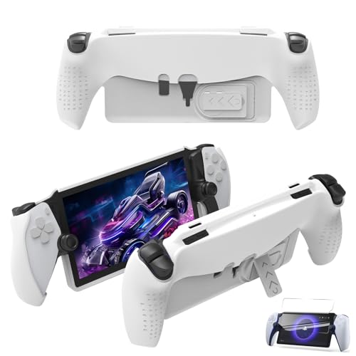 JOYSOG Funda protectora de TPU para Playstation Portal Remote Player Cover Case con soporte plegable y accesorios protectores de pantalla de mano (funda portal+protector de pantalla y blanco)