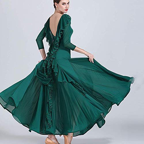 JRUIA Vestidos De Baile De Salón para Mujer Vestido De Tango De Vals con Costura De Volantes Simples Traje De Baile De Tango Moderno De Manga Larga Falda De Ensayo Flamenco Foxtrot,Verde,L