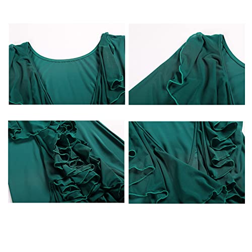 JRUIA Vestidos De Baile De Salón para Mujer Vestido De Tango De Vals con Costura De Volantes Simples Traje De Baile De Tango Moderno De Manga Larga Falda De Ensayo Flamenco Foxtrot,Verde,L