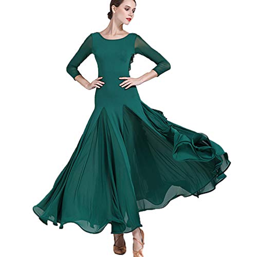 JRUIA Vestidos De Baile De Salón para Mujer Vestido De Tango De Vals con Costura De Volantes Simples Traje De Baile De Tango Moderno De Manga Larga Falda De Ensayo Flamenco Foxtrot,Verde,L