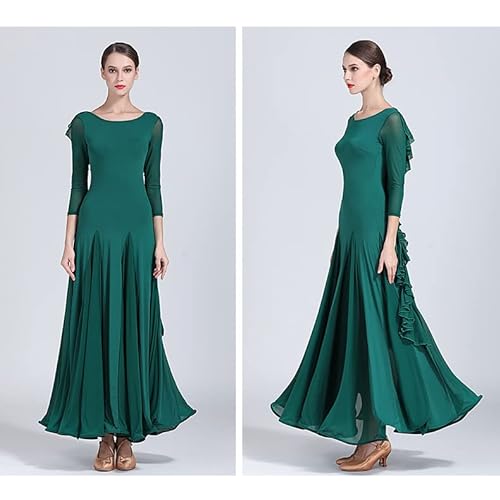 JRUIA Vestidos De Baile De Salón para Mujer Vestido De Tango De Vals con Costura De Volantes Simples Traje De Baile De Tango Moderno De Manga Larga Falda De Ensayo Flamenco Foxtrot,Verde,L