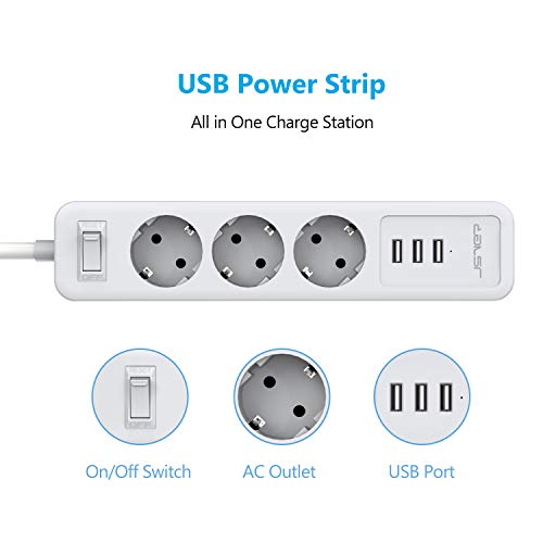 JSVER Regleta Enchufes con USB, Proteccion Sobretension con 3 USB Smart Station de Carga (5V2,4A) 3 Tomas y Interruptor con Cable 2m para Viajes en Casa-Blanco