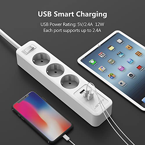 JSVER Regleta Enchufes con USB, Proteccion Sobretension con 3 USB Smart Station de Carga (5V2,4A) 3 Tomas y Interruptor con Cable 2m para Viajes en Casa-Blanco