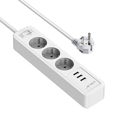 JSVER Regleta Enchufes con USB, Proteccion Sobretension con 3 USB Smart Station de Carga (5V2,4A) 3 Tomas y Interruptor con Cable 2m para Viajes en Casa-Blanco