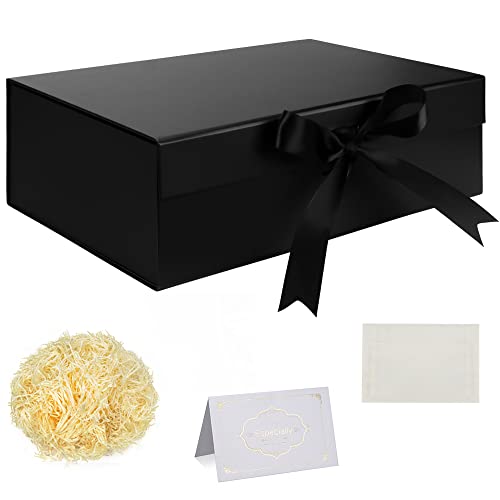 Juego Cajas Regalo, Caja Regalo Negro con cinta Caja regalo grande con tapas magnéticas 32x22x10cm Caja regalo Papel seda triturado Tarjetas felicitación para Navidad Cumpleaños Aniversario Bodas