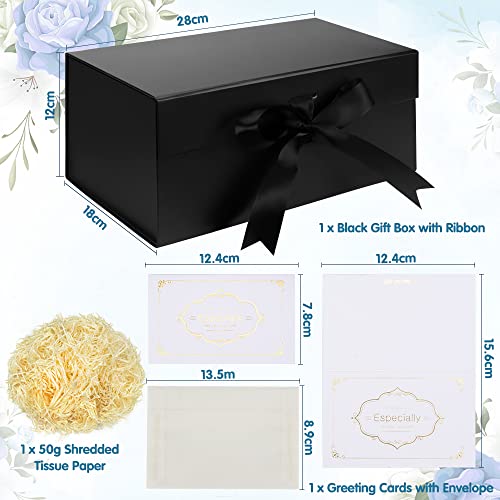 Juego Cajas Regalo, Caja Regalo Negro con cinta Caja regalo profundo con tapas magnéticas 28x18x12cm Caja regalo Papel seda triturado Tarjetas felicitación para Navidad Cumpleaños Aniversario Bodas