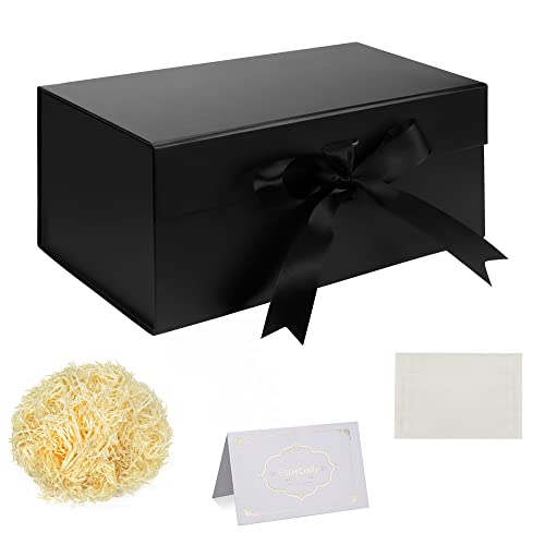 Juego Cajas Regalo, Caja Regalo Negro con cinta Caja regalo profundo con tapas magnéticas 28x18x12cm Caja regalo Papel seda triturado Tarjetas felicitación para Navidad Cumpleaños Aniversario Bodas