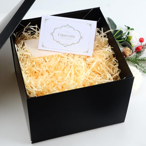 Juego Cajas Regalo, Caja Regalo negro con tapas Caja regalo profundo con cinta 23x23x18cm Caja regalo Papel seda triturado Tarjetas felicitación para Navidad Cumpleaños Aniversario Bodas